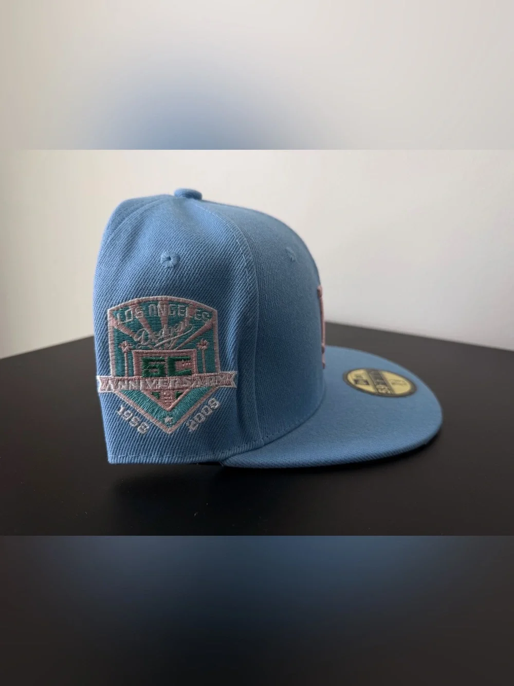 New Era Light Blue LA Palm Fitted Cap with Pink Logo